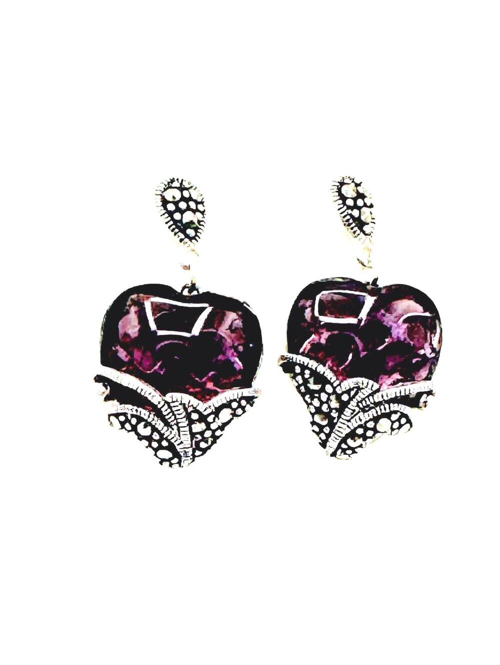 Sterling silver marcasite glass amethyst heart dangle drop earrings
